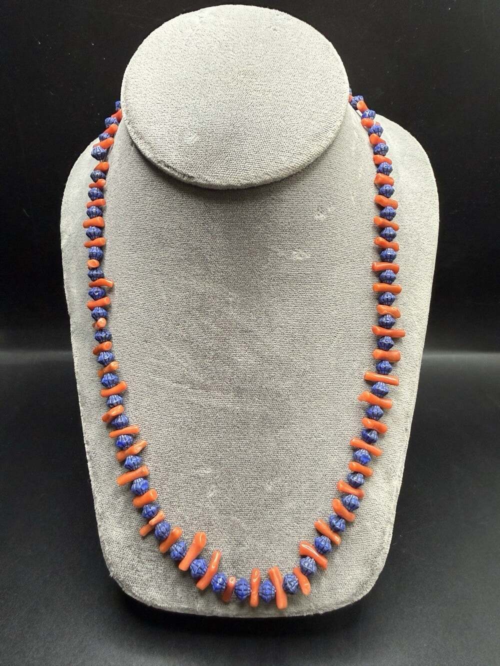 Vintage Genuine Branch Coral & Czech Glass Egyptian Revival Necklace 20"